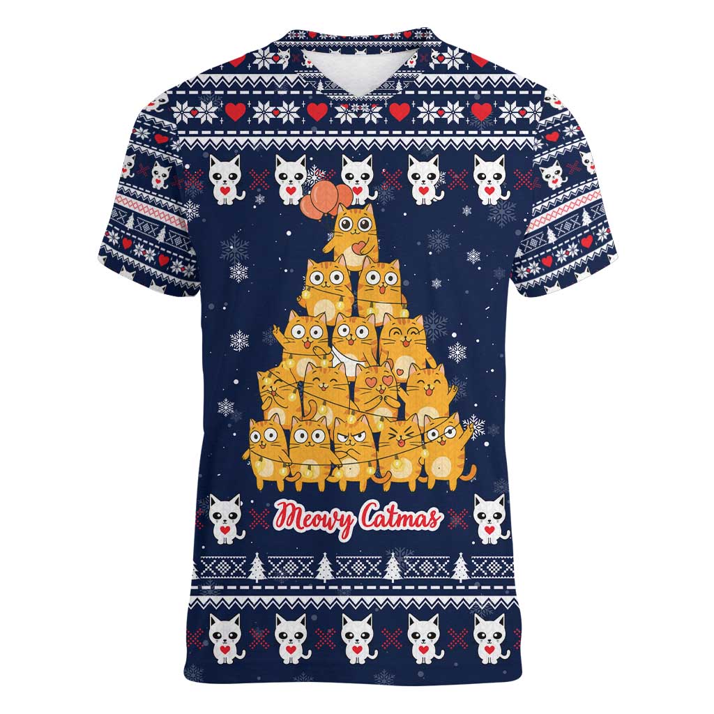 Meowy Catmas Women V-Neck T-Shirt with Orange Cats Christmas Tree and Snowflake Pattern Design - Wonder Print Shop