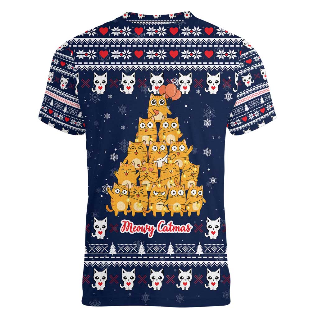 Meowy Catmas Women V-Neck T-Shirt with Orange Cats Christmas Tree and Snowflake Pattern Design - Wonder Print Shop