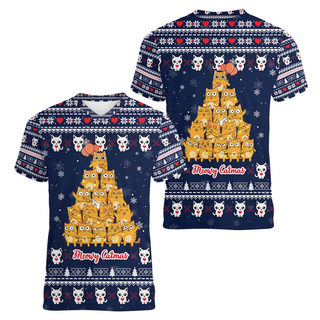 Meowy Catmas Women V-Neck T-Shirt with Orange Cats Christmas Tree and Snowflake Pattern Design - Wonder Print Shop