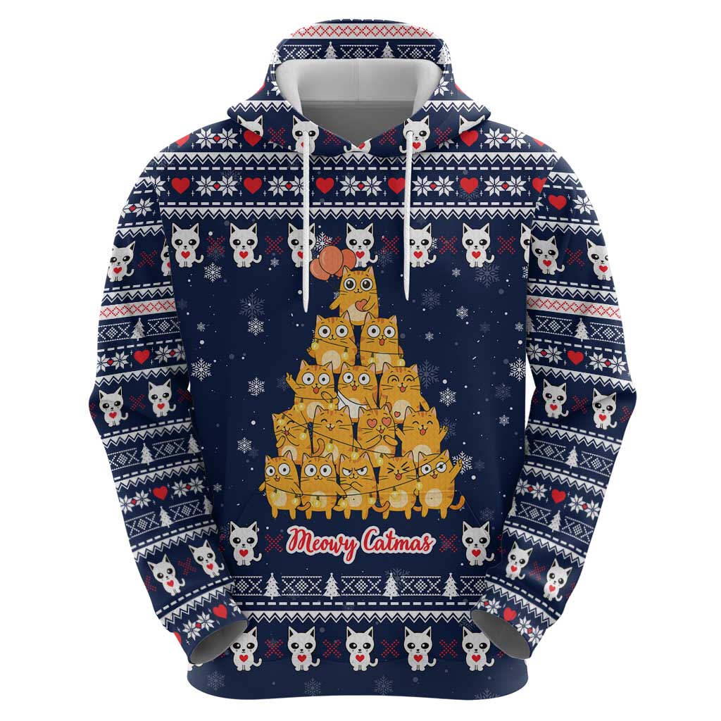 Meowy Catmas Zip Hoodie with Orange Cats Christmas Tree and Snowflake Pattern Design - Wonder Print Shop