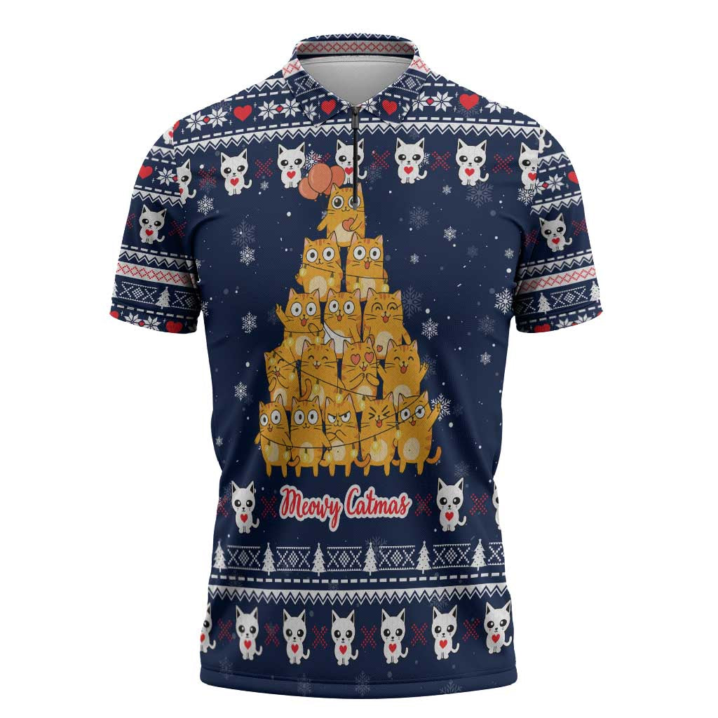 Meowy Catmas Zipper Polo Shirt with Orange Cats Christmas Tree and Snowflake Pattern Design - Wonder Print Shop