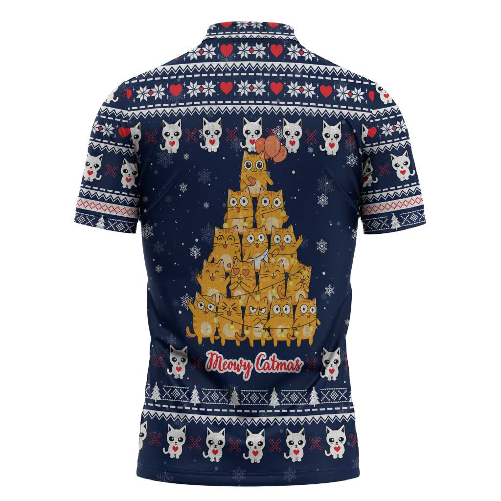 Meowy Catmas Zipper Polo Shirt with Orange Cats Christmas Tree and Snowflake Pattern Design - Wonder Print Shop