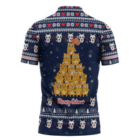 Meowy Catmas Zipper Polo Shirt with Orange Cats Christmas Tree and Snowflake Pattern Design - Wonder Print Shop