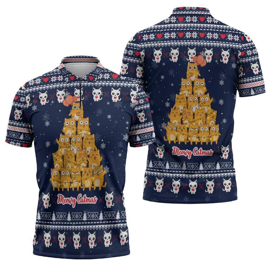 Meowy Catmas Zipper Polo Shirt with Orange Cats Christmas Tree and Snowflake Pattern Design - Wonder Print Shop