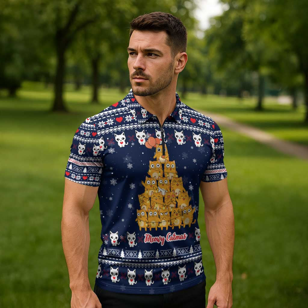 Meowy Catmas Zipper Polo Shirt with Orange Cats Christmas Tree and Snowflake Pattern Design - Wonder Print Shop