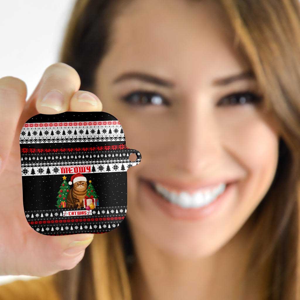 Meowy Catmas AirPods Case with Tabby Cat Santa Hat and Christmas Tree Gift Pattern Design - Wonder Print Shop