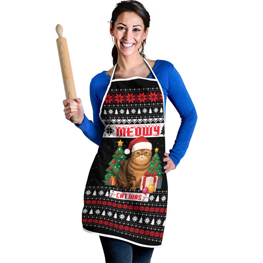 Meowy Catmas Apron with Tabby Cat Santa Hat and Christmas Tree Gift Pattern Design - Wonder Print Shop