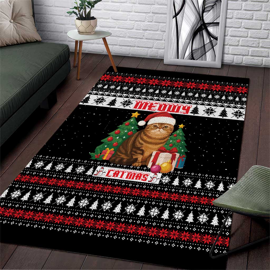 Meowy Catmas Area Rug with Tabby Cat Santa Hat and Christmas Tree Gift Pattern Design - Wonder Print Shop
