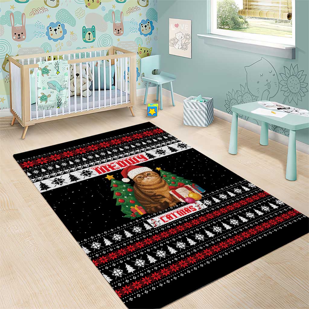 Meowy Catmas Area Rug with Tabby Cat Santa Hat and Christmas Tree Gift Pattern Design - Wonder Print Shop