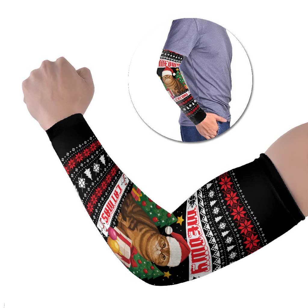 Meowy Catmas Arm Sleeves with Tabby Cat Santa Hat and Christmas Tree Gift Pattern Design - Wonder Print Shop