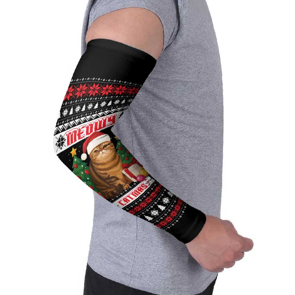Meowy Catmas Arm Sleeves with Tabby Cat Santa Hat and Christmas Tree Gift Pattern Design - Wonder Print Shop