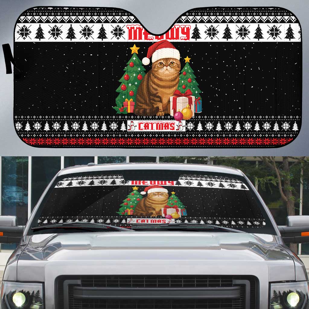 Meowy Catmas Auto Sun Shade with Tabby Cat Santa Hat and Christmas Tree Gift Pattern Design - Wonder Print Shop