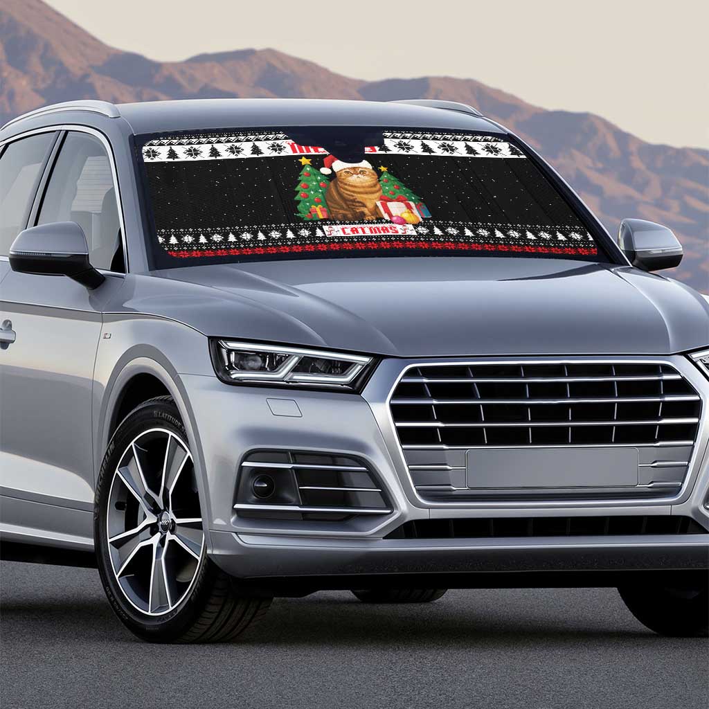 Meowy Catmas Auto Sun Shade with Tabby Cat Santa Hat and Christmas Tree Gift Pattern Design - Wonder Print Shop