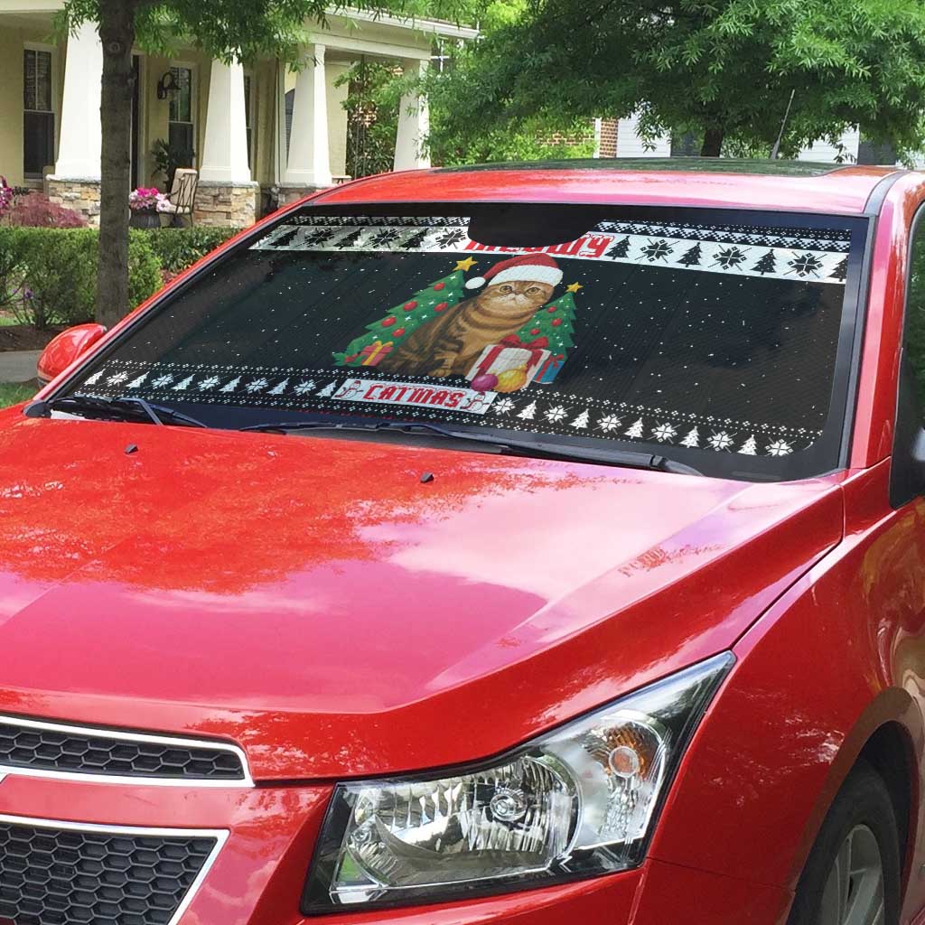 Meowy Catmas Auto Sun Shade with Tabby Cat Santa Hat and Christmas Tree Gift Pattern Design - Wonder Print Shop