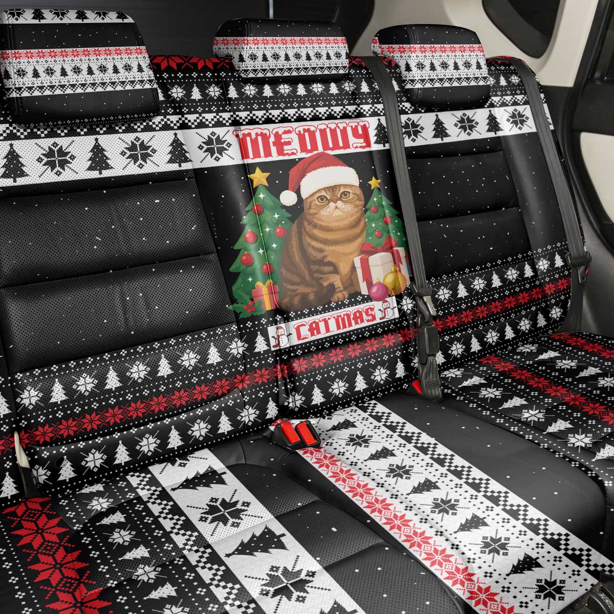 Meowy Catmas Back Car Seat Cover with Tabby Cat Santa Hat and Christmas Tree Gift Pattern Design - Wonder Print Shop