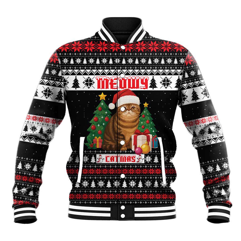 Meowy Catmas Baseball Jacket with Tabby Cat Santa Hat and Christmas Tree Gift Pattern Design - Wonder Print Shop