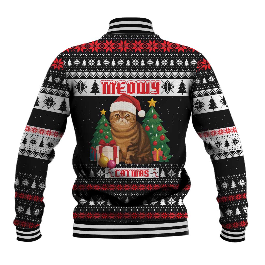 Meowy Catmas Baseball Jacket with Tabby Cat Santa Hat and Christmas Tree Gift Pattern Design - Wonder Print Shop