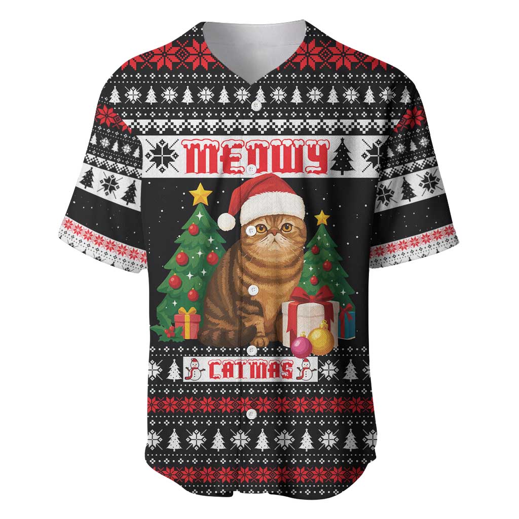 Meowy Catmas Baseball Jersey with Tabby Cat Santa Hat and Christmas Tree Gift Pattern Design - Wonder Print Shop