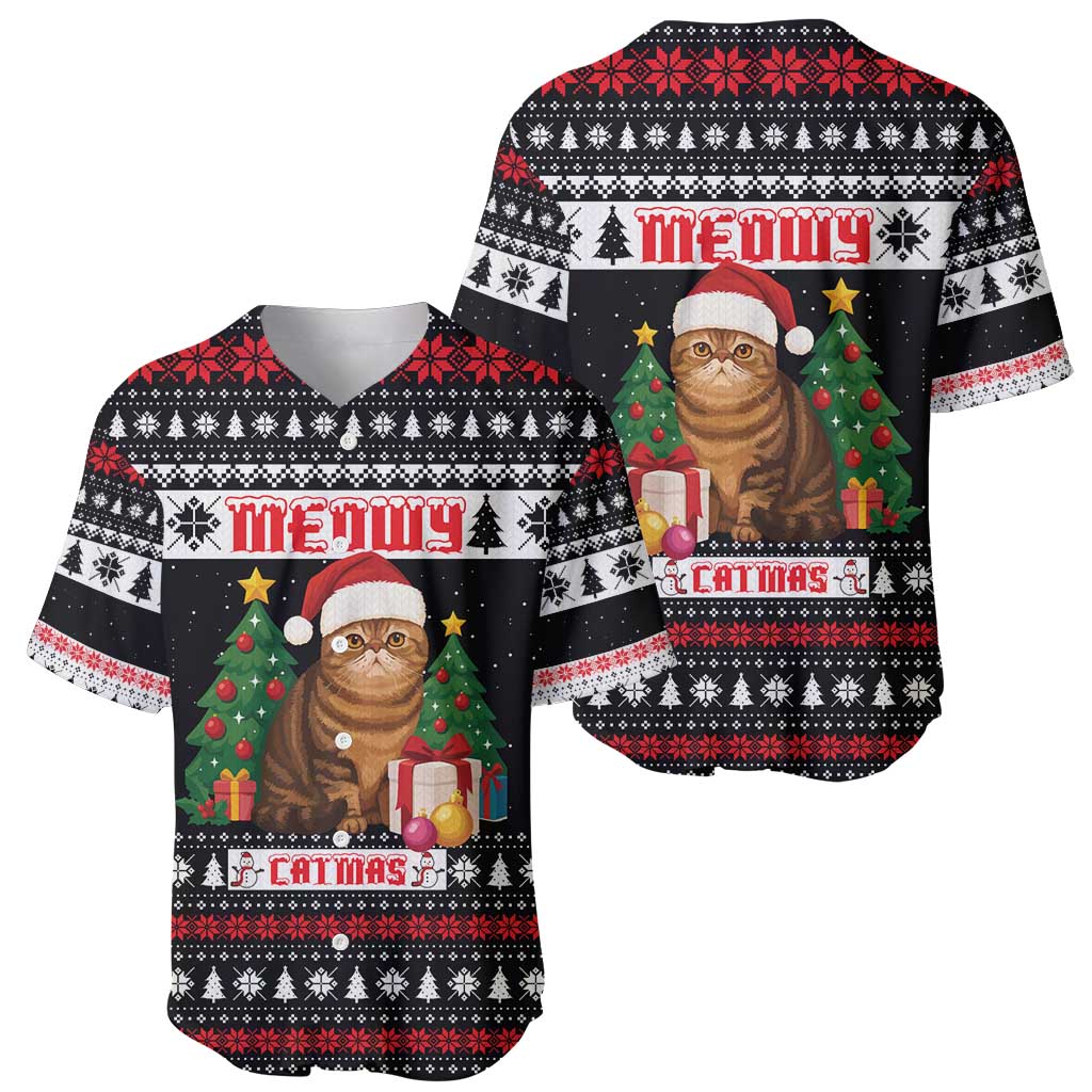 Meowy Catmas Baseball Jersey with Tabby Cat Santa Hat and Christmas Tree Gift Pattern Design - Wonder Print Shop