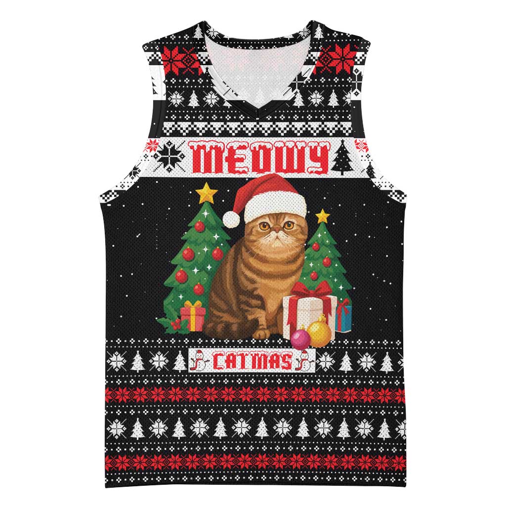 Meowy Catmas Basketball Jersey with Tabby Cat Santa Hat and Christmas Tree Gift Pattern Design - Wonder Print Shop