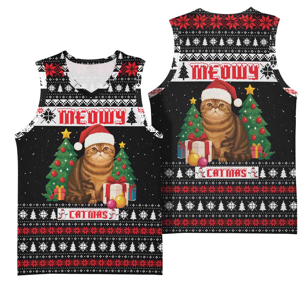 Meowy Catmas Basketball Jersey with Tabby Cat Santa Hat and Christmas Tree Gift Pattern Design - Wonder Print Shop