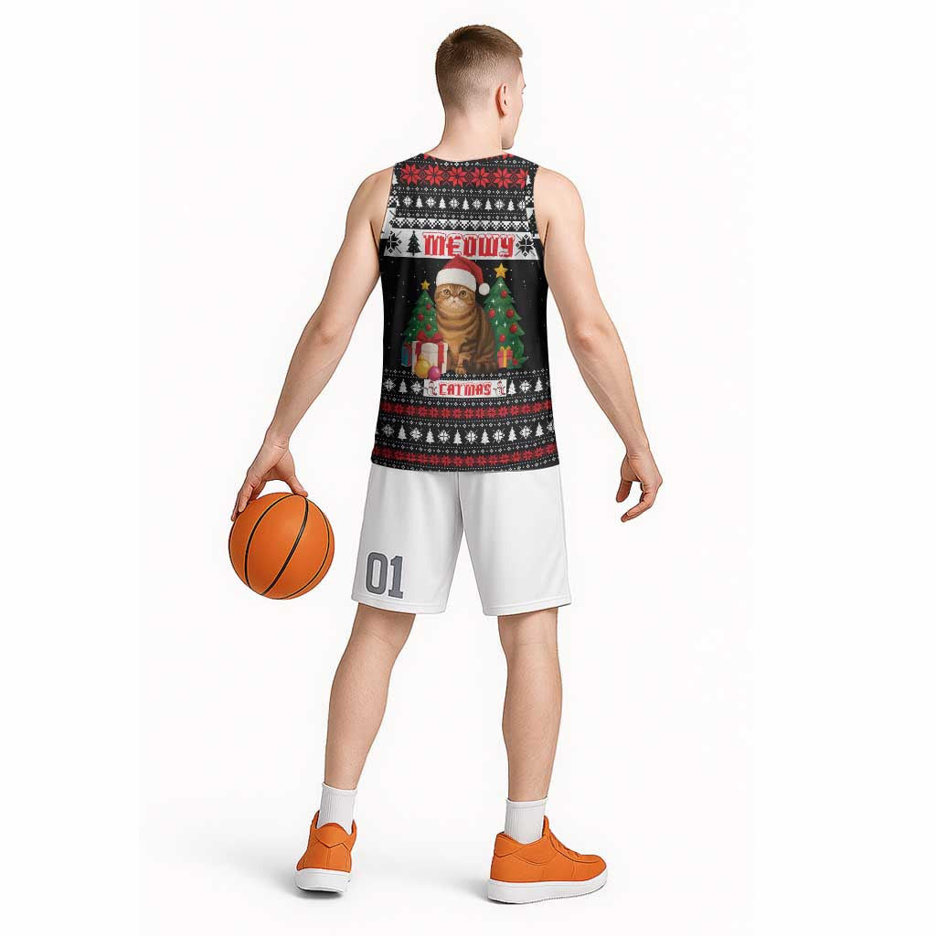 Meowy Catmas Basketball Jersey with Tabby Cat Santa Hat and Christmas Tree Gift Pattern Design - Wonder Print Shop
