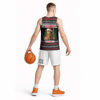 Meowy Catmas Basketball Jersey with Tabby Cat Santa Hat and Christmas Tree Gift Pattern Design - Wonder Print Shop