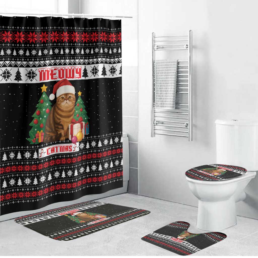 Meowy Catmas Bathroom Set with Tabby Cat Santa Hat and Christmas Tree Gift Pattern Design - Wonder Print Shop