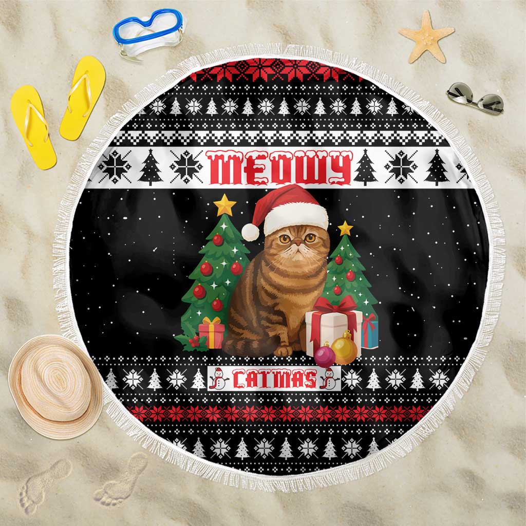 Meowy Catmas Beach Blanket with Tabby Cat Santa Hat and Christmas Tree Gift Pattern Design - Wonder Print Shop
