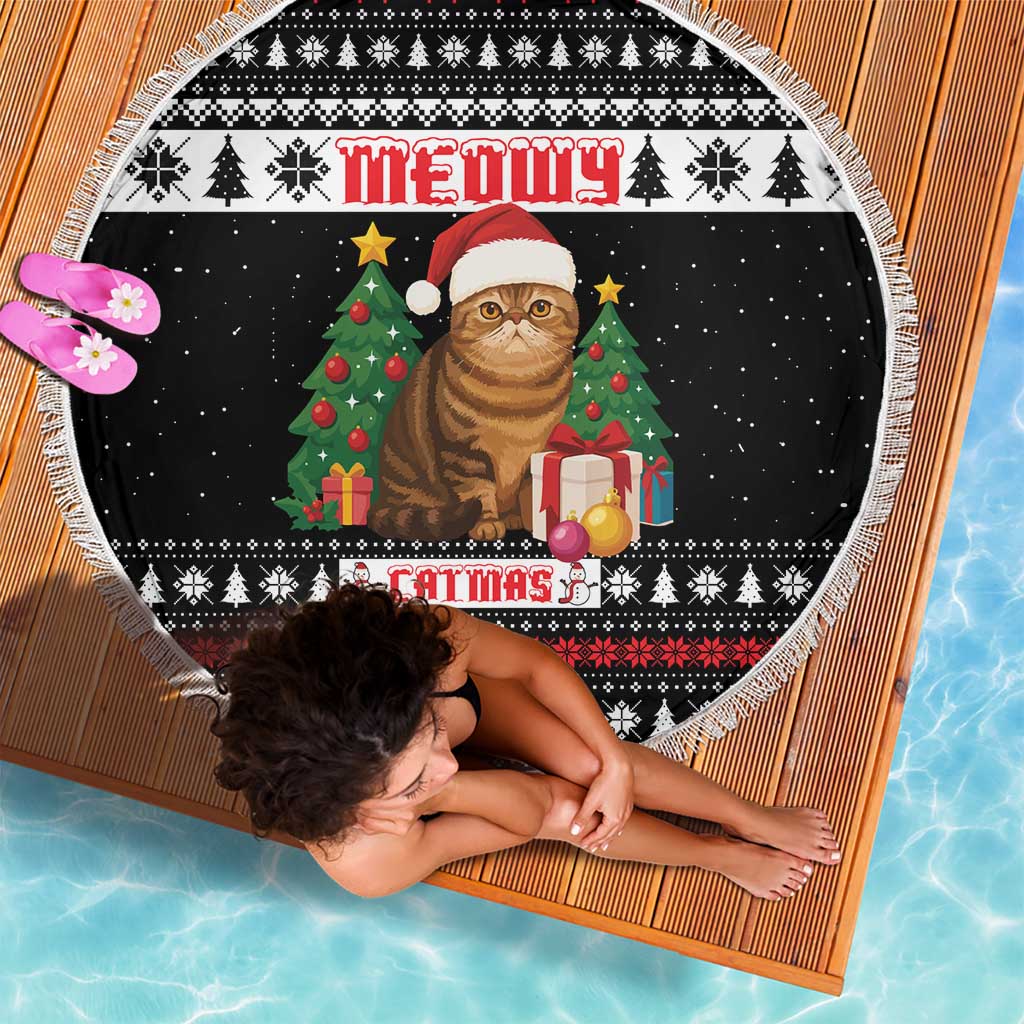 Meowy Catmas Beach Blanket with Tabby Cat Santa Hat and Christmas Tree Gift Pattern Design - Wonder Print Shop