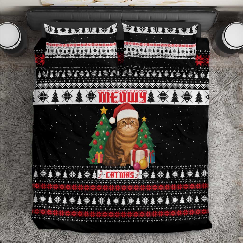 Meowy Catmas Bedding Set with Tabby Cat Santa Hat and Christmas Tree Gift Pattern Design - Wonder Print Shop