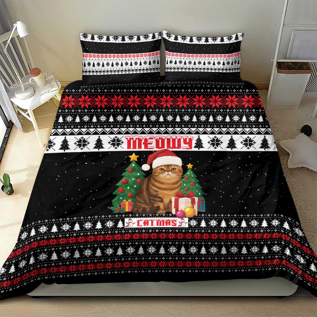 Meowy Catmas Bedding Set with Tabby Cat Santa Hat and Christmas Tree Gift Pattern Design - Wonder Print Shop