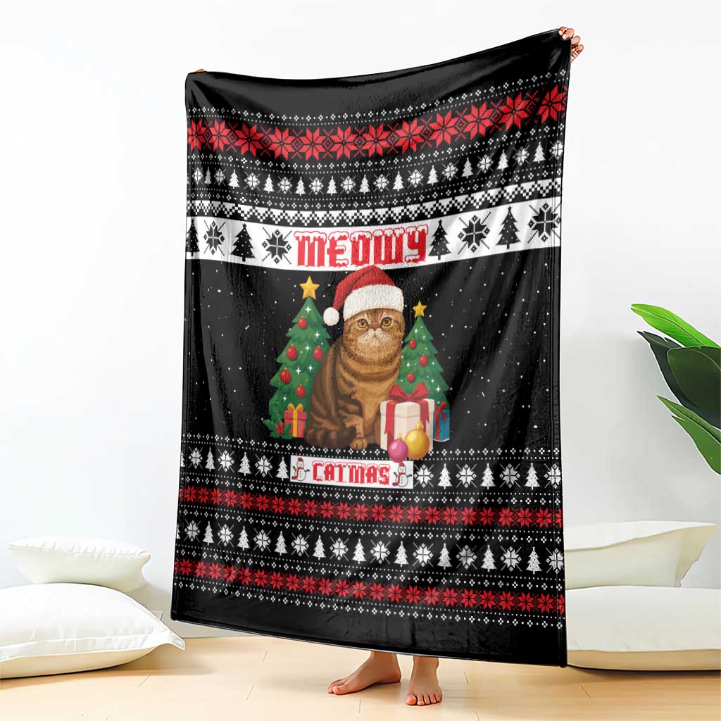 Meowy Catmas Blanket with Tabby Cat Santa Hat and Christmas Tree Gift Pattern Design - Wonder Print Shop