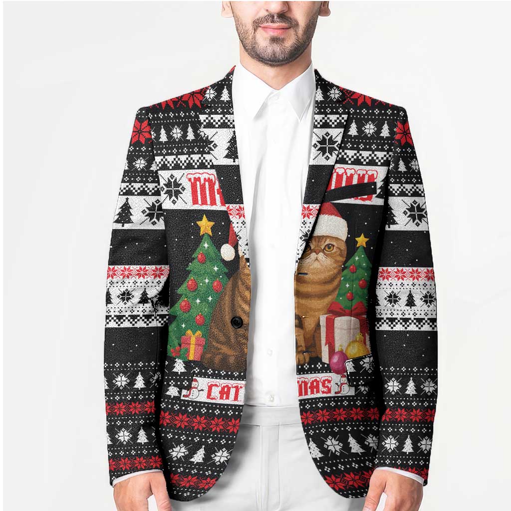 Meowy Catmas Blazer with Tabby Cat Santa Hat and Christmas Tree Gift Pattern Design - Wonder Print Shop