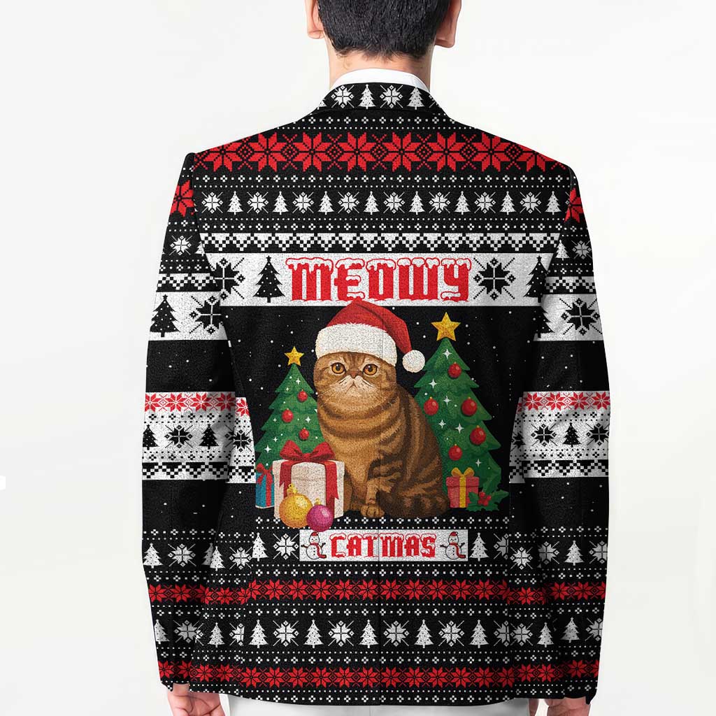 Meowy Catmas Blazer with Tabby Cat Santa Hat and Christmas Tree Gift Pattern Design - Wonder Print Shop