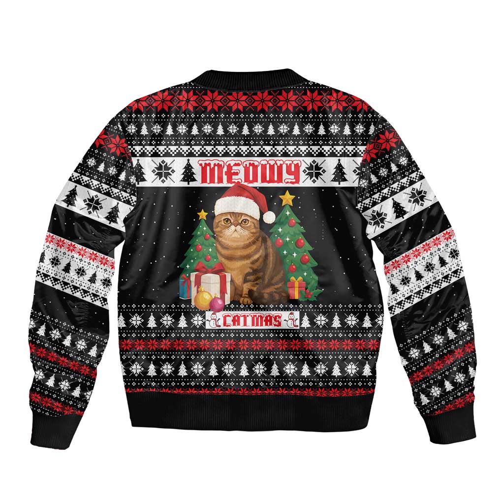 Meowy Catmas Bomber Jacket with Tabby Cat Santa Hat and Christmas Tree Gift Pattern Design - Wonder Print Shop
