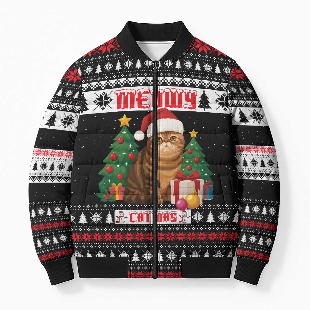 Meowy Catmas Bomber Puffer Jacket with Tabby Cat Santa Hat and Christmas Tree Gift Pattern Design - Wonder Print Shop