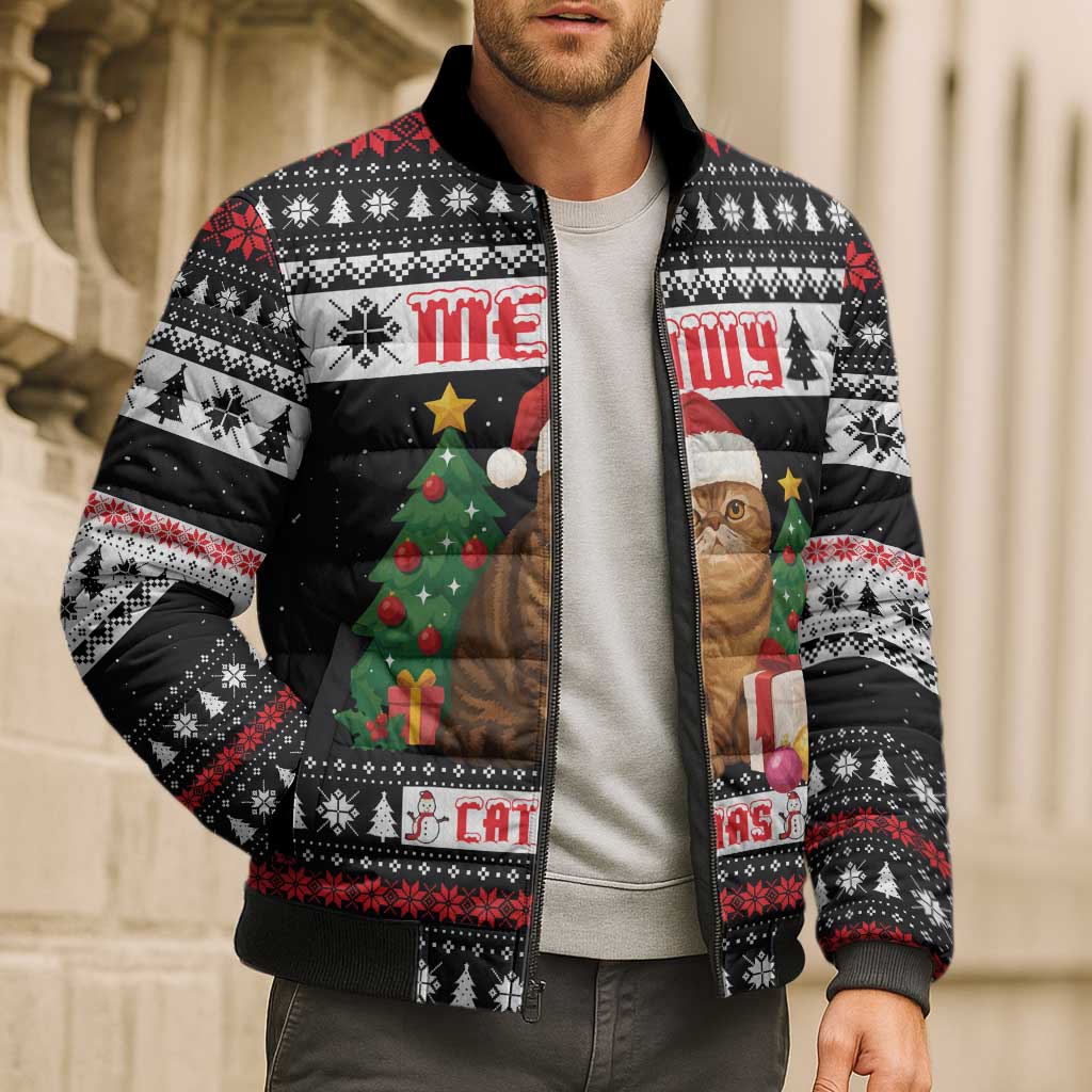 Meowy Catmas Bomber Puffer Jacket with Tabby Cat Santa Hat and Christmas Tree Gift Pattern Design - Wonder Print Shop
