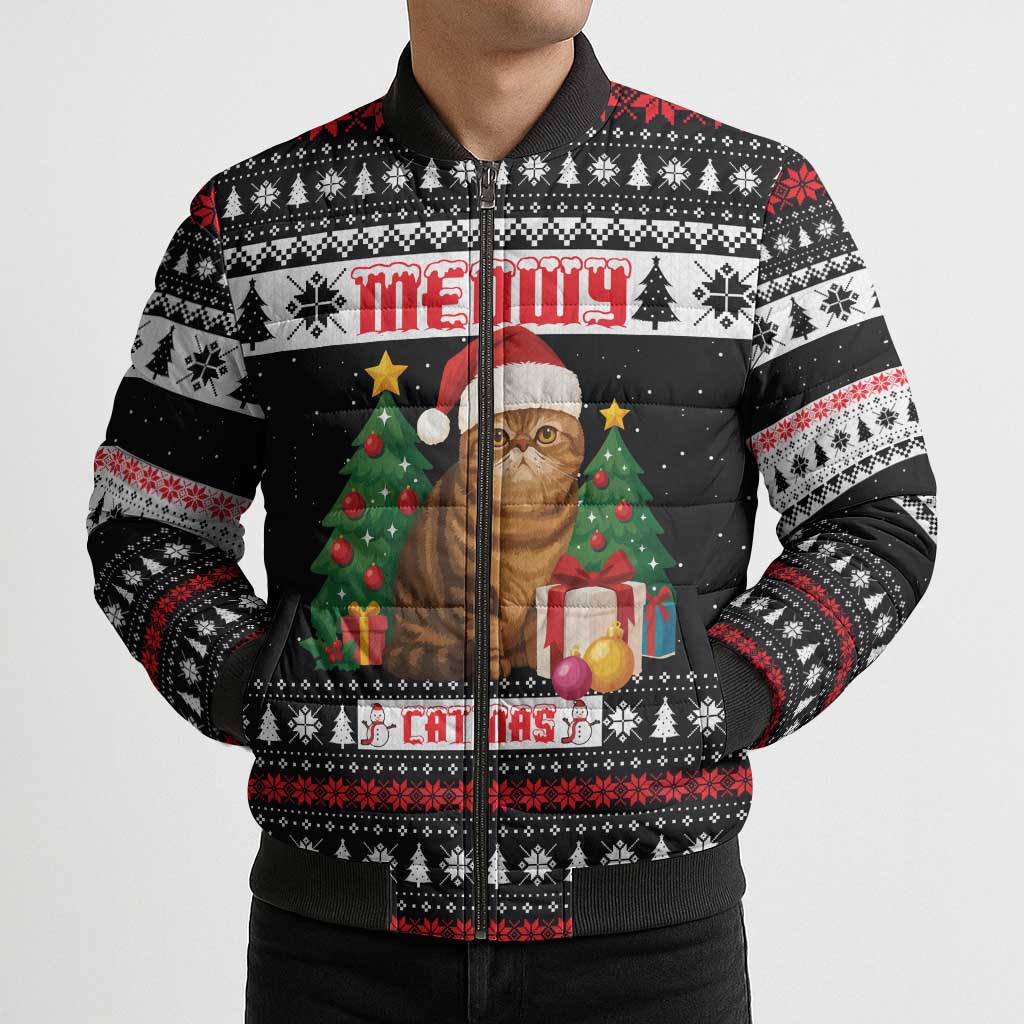 Meowy Catmas Bomber Puffer Jacket with Tabby Cat Santa Hat and Christmas Tree Gift Pattern Design - Wonder Print Shop