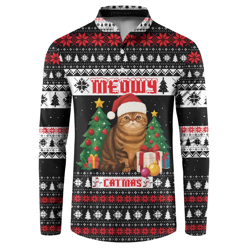 Meowy Catmas Button Sweatshirt with Tabby Cat Santa Hat and Christmas Tree Gift Pattern Design - Wonder Print Shop