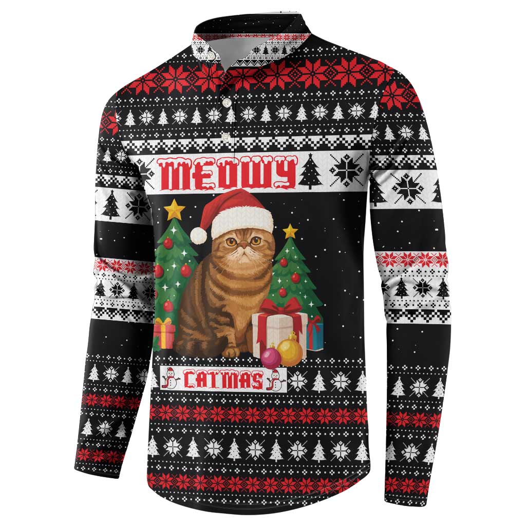Meowy Catmas Button Sweatshirt with Tabby Cat Santa Hat and Christmas Tree Gift Pattern Design - Wonder Print Shop