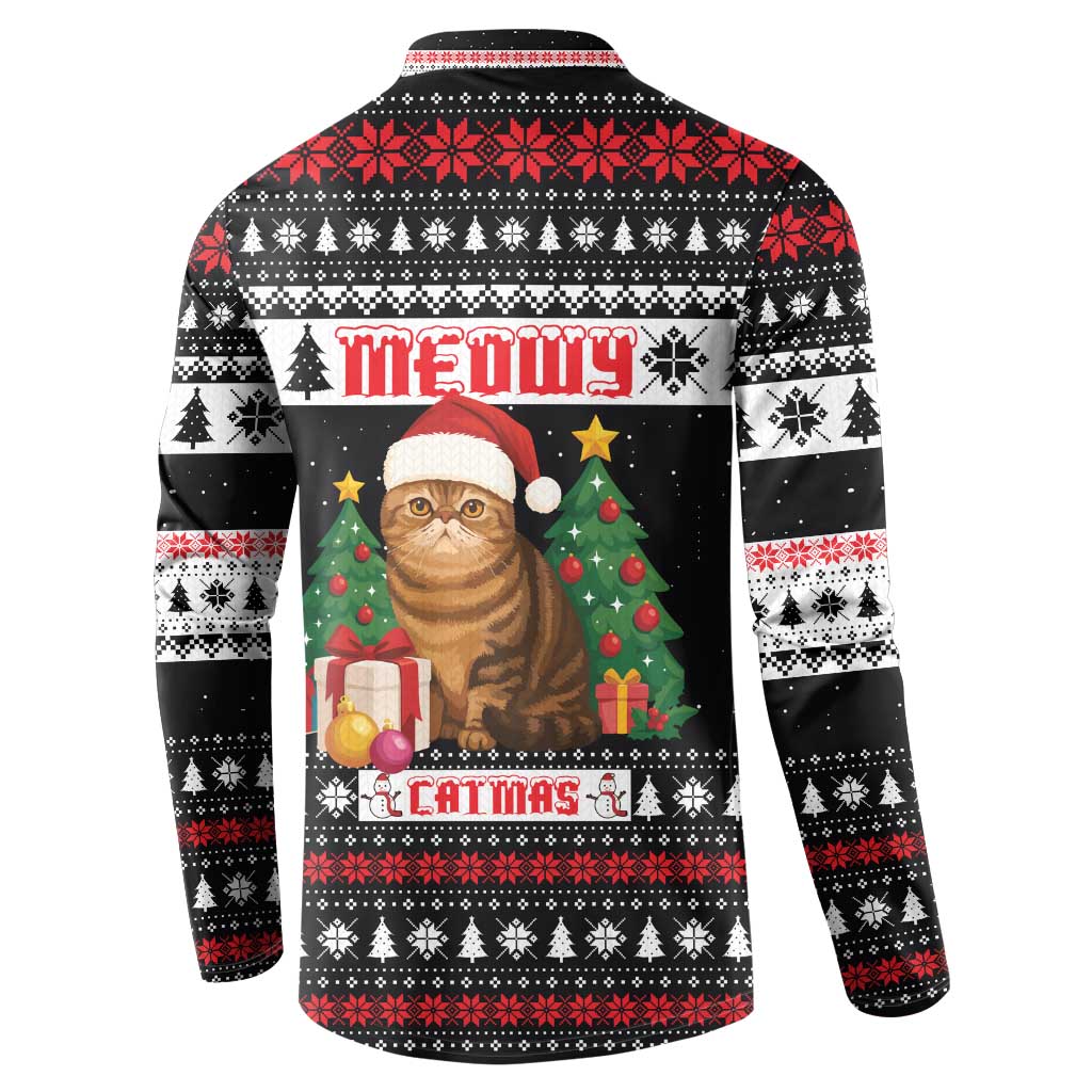 Meowy Catmas Button Sweatshirt with Tabby Cat Santa Hat and Christmas Tree Gift Pattern Design - Wonder Print Shop