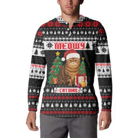 Meowy Catmas Button Sweatshirt with Tabby Cat Santa Hat and Christmas Tree Gift Pattern Design - Wonder Print Shop