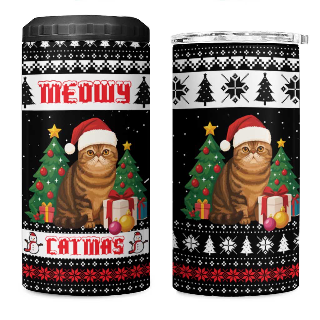 Meowy Catmas 4 in 1 Can Cooler Tumbler with Tabby Cat Santa Hat and Christmas Tree Gift Pattern Design - Wonder Print Shop