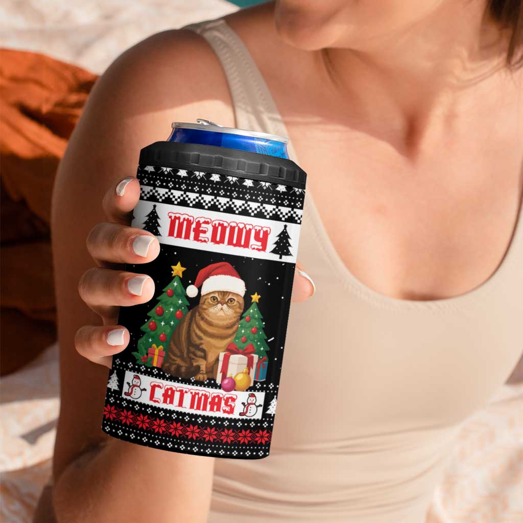 Meowy Catmas 4 in 1 Can Cooler Tumbler with Tabby Cat Santa Hat and Christmas Tree Gift Pattern Design - Wonder Print Shop