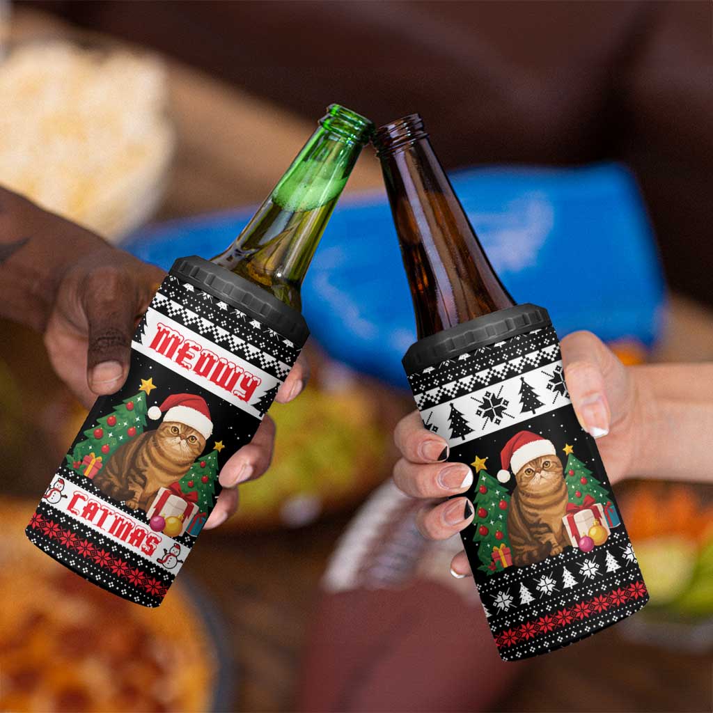 Meowy Catmas 4 in 1 Can Cooler Tumbler with Tabby Cat Santa Hat and Christmas Tree Gift Pattern Design - Wonder Print Shop