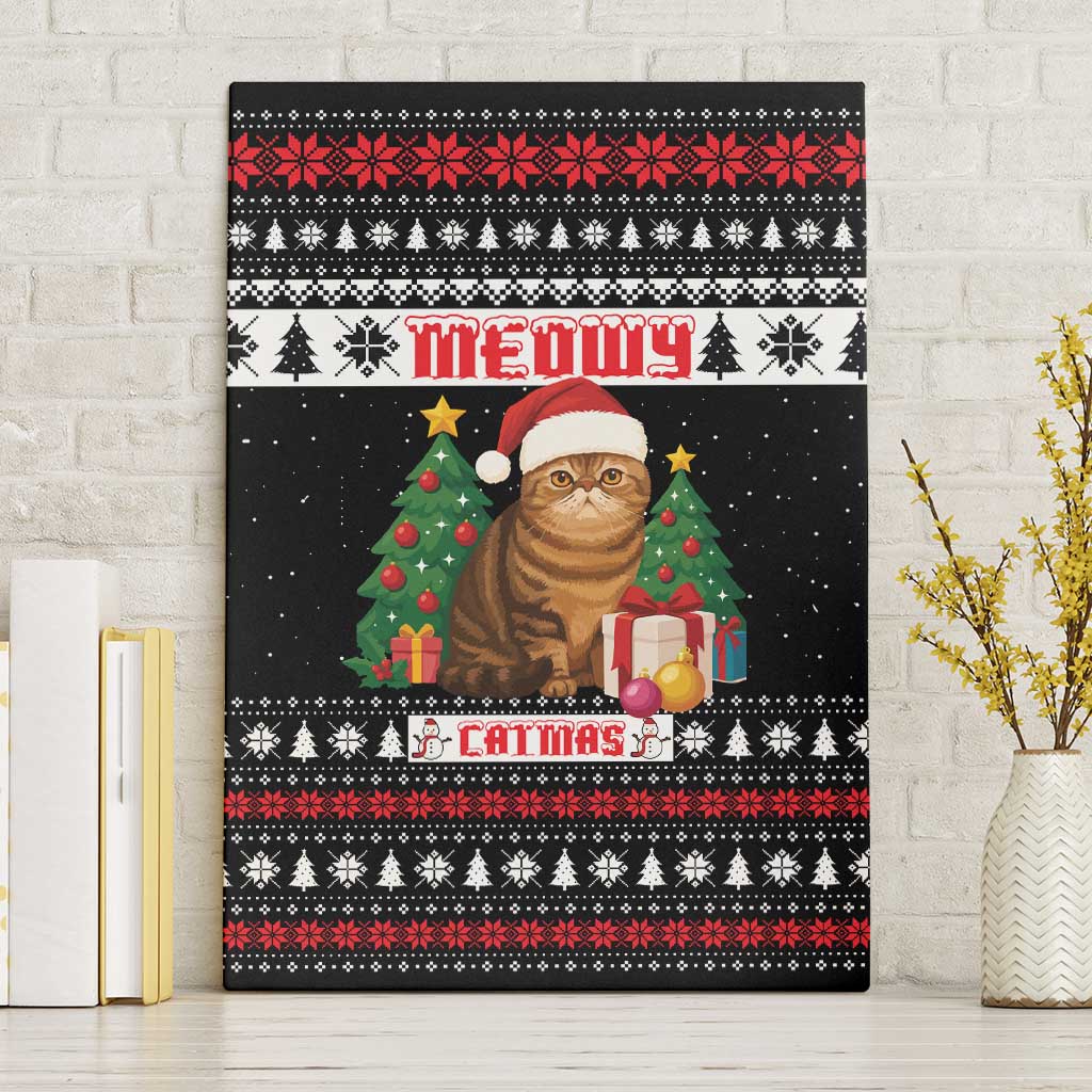 Meowy Catmas Canvas Wall Art with Tabby Cat Santa Hat and Christmas Tree Gift Pattern Design - Wonder Print Shop