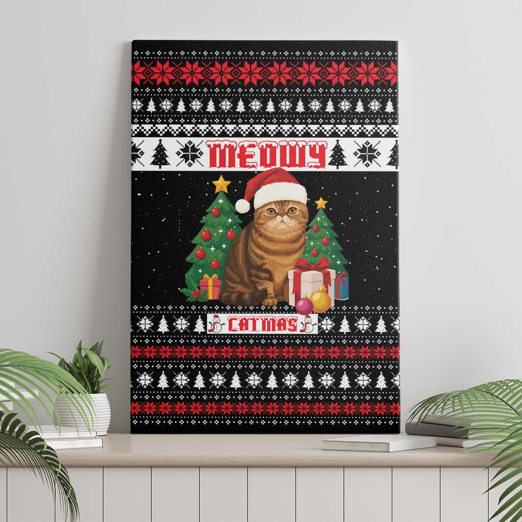 Meowy Catmas Canvas Wall Art with Tabby Cat Santa Hat and Christmas Tree Gift Pattern Design - Wonder Print Shop