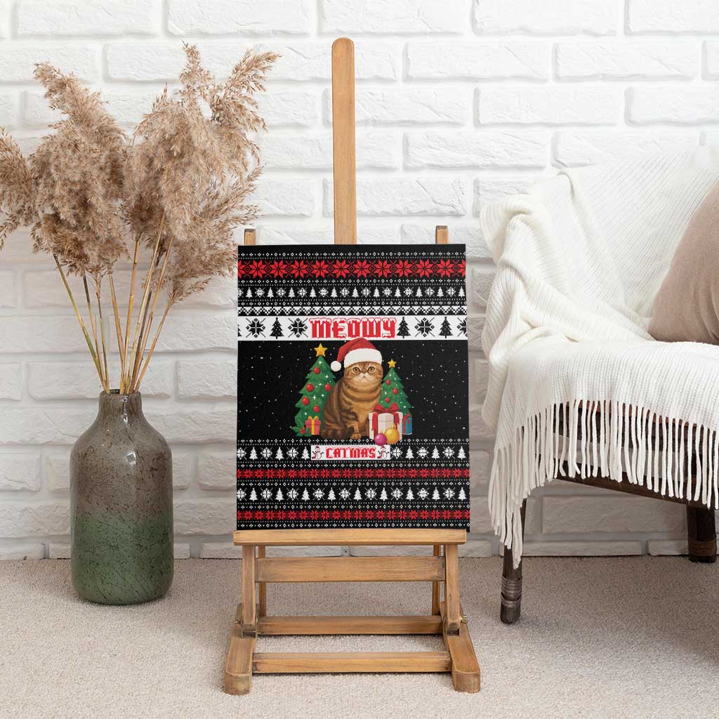 Meowy Catmas Canvas Wall Art with Tabby Cat Santa Hat and Christmas Tree Gift Pattern Design - Wonder Print Shop