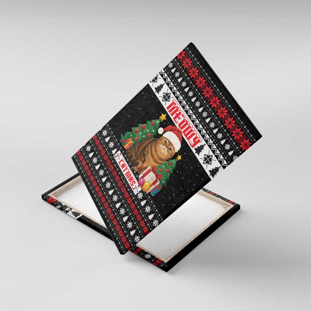 Meowy Catmas Canvas Wall Art with Tabby Cat Santa Hat and Christmas Tree Gift Pattern Design - Wonder Print Shop